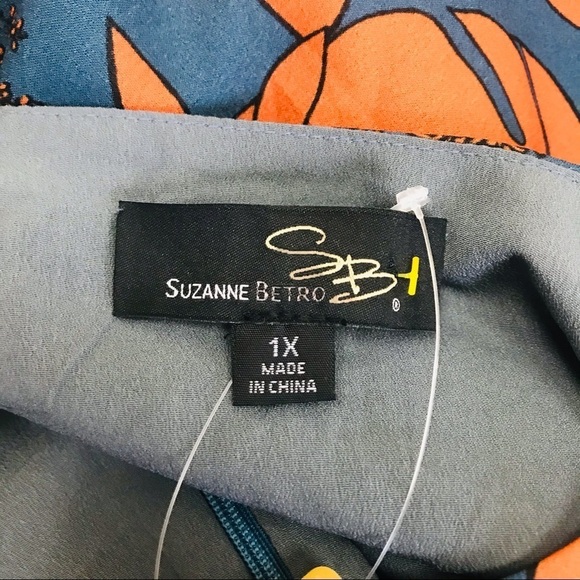 Suzanne Betro Plus Size 1X Blue Orange Floral Teal Sheath Long Sleeved D… - Picture 12 of 13